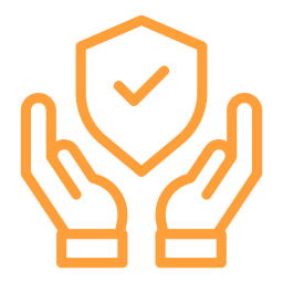 An icon that shows a two hands holding a shield with a checkmark