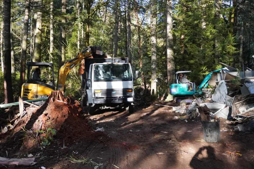 A construction site in a forested area with heavy machinery (excavator, dump truck) moving dirt, and debris scattered around.